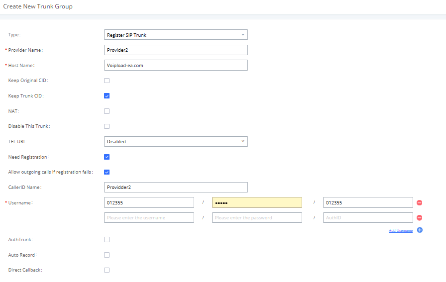 Grandstream UCM web GUI, Create New Trunk Group screen, showing Type set to Register SIP Trunk with Provider Name, Host Name, Need Registration and the Username / Password / AuthID fields
