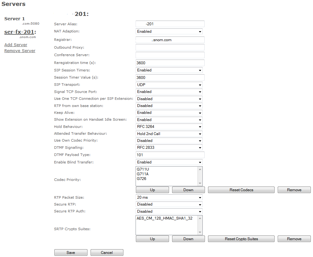 Snom M-series base station web interface, Servers page, showing the Registrar, Outbound Proxy, SIP Transport and Reregistration time fields